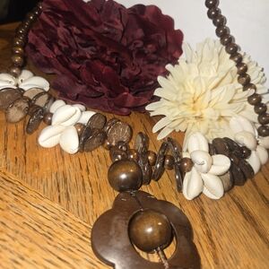 Boho Shell and Wood Bead Necklace in Brown and Cream